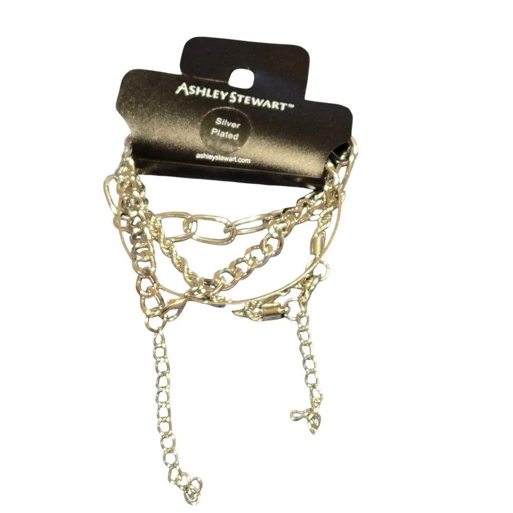 Ashley Stewart Silver Plated Layered Chain Bracelet Multi Strand Adjustable NWT